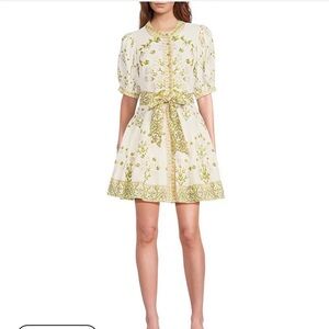 White Mini Dress with Green Floral Trim and Tie Waist